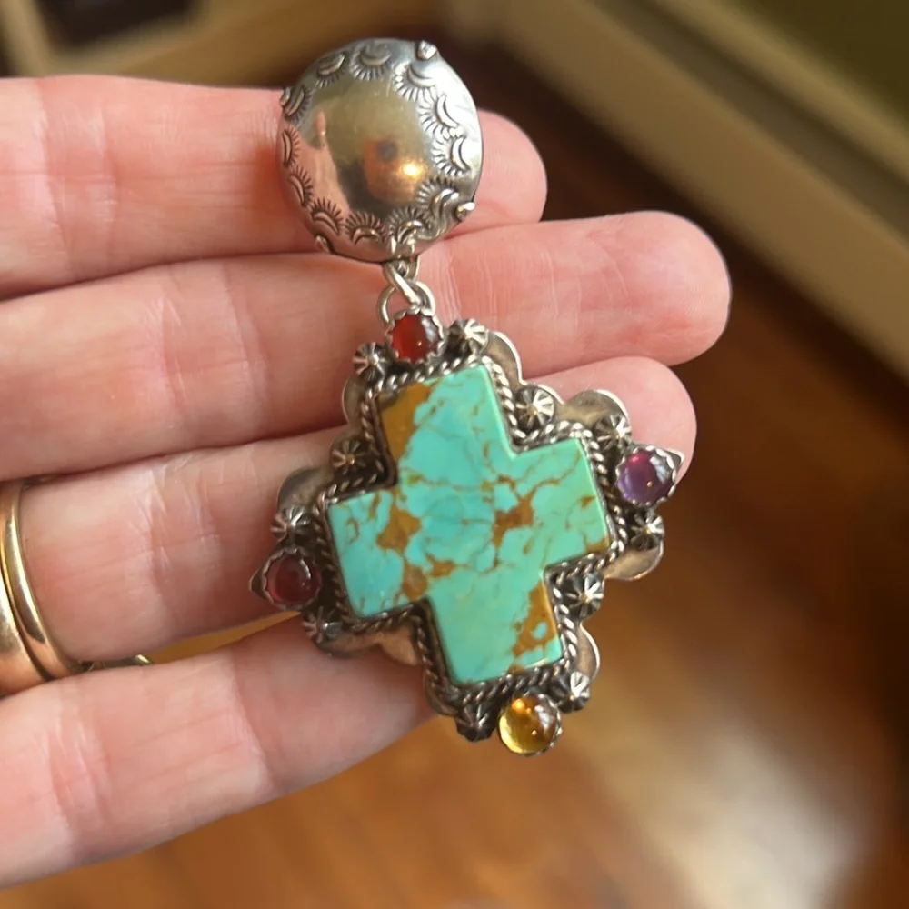 Joan Slifka Turquoise sterling cross earrings - Picture 4 of 4